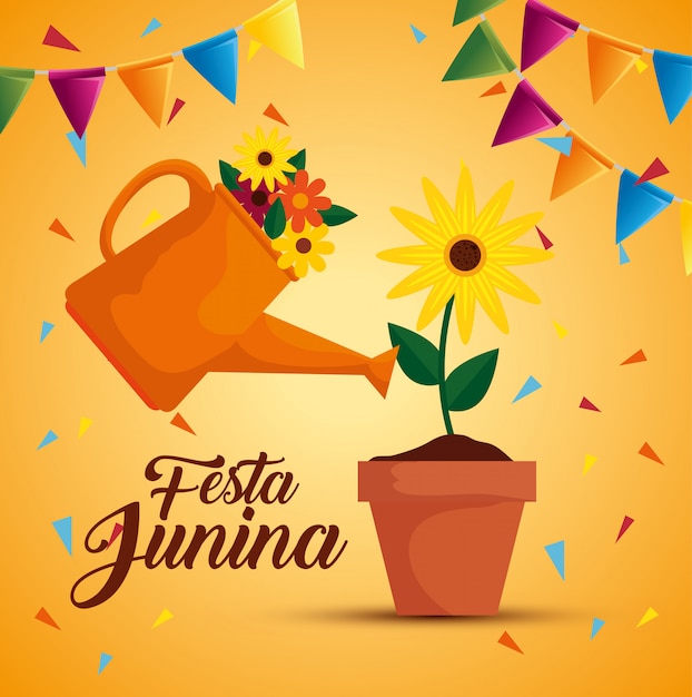 Piante di girasoli con annaffiatoio e banner per feste