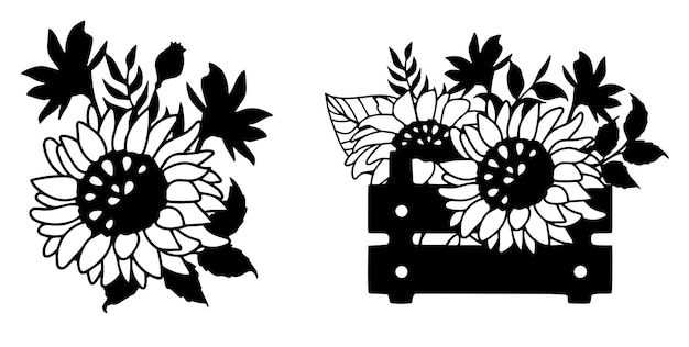 Sunflowers Vector, Clip Art, Black and White
