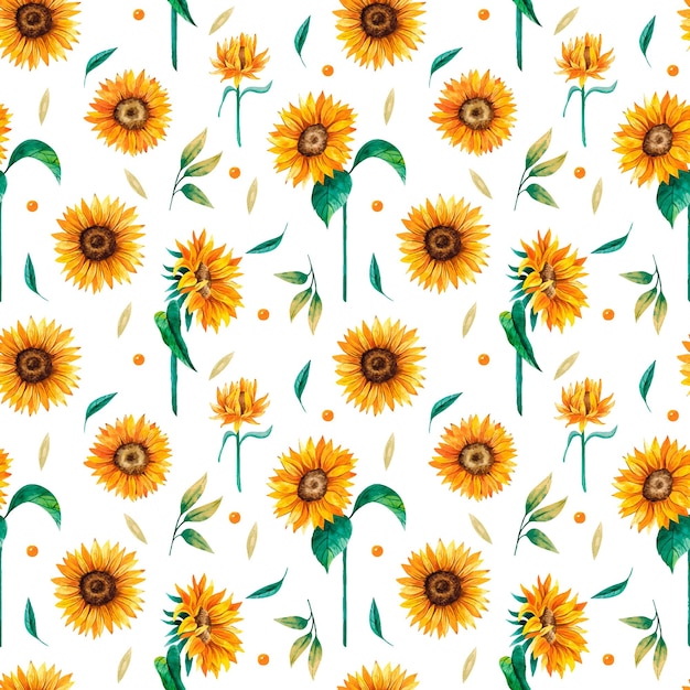 Vector sunflowers watercolor hand drawn seamless pattern