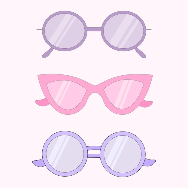 Sunglasses of different colors shapes and styles on a pink background