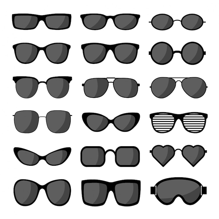 Sunglasses icon set  template. Black sunglass, mens and women glasses silhouette.  illustration.