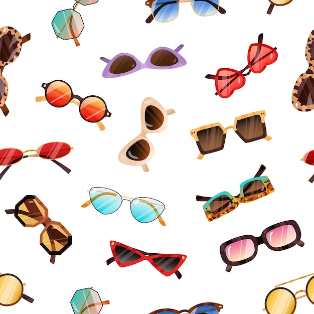 Vector sunglasses pattern. seamless background with fashion sun glasses. summer eyewear print. repeating texture of modern and retro beach accessories. colorful flat vector illustration for wrapping