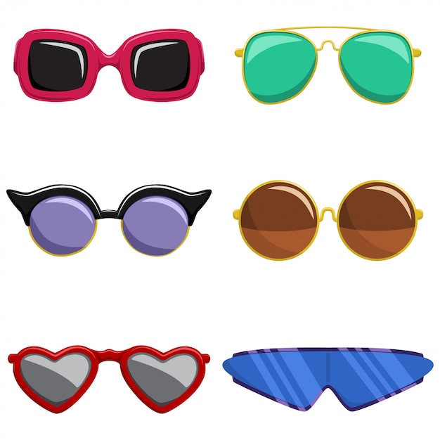 Vector sunglasses  set. fashion and retro style glasses in plastic colorful frame of different shapes. cartoon icons isolated on white background.