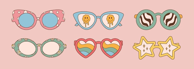 Sunglasses set in retro groovy hippie style Vector illustration 70s 80s