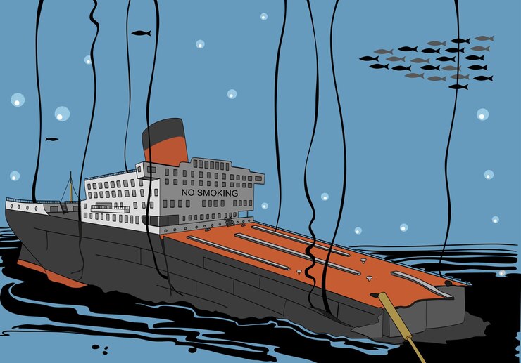 वेक्टर sunken cargo ship releasing oil tanker vessel ocean contamination cartoon style vector