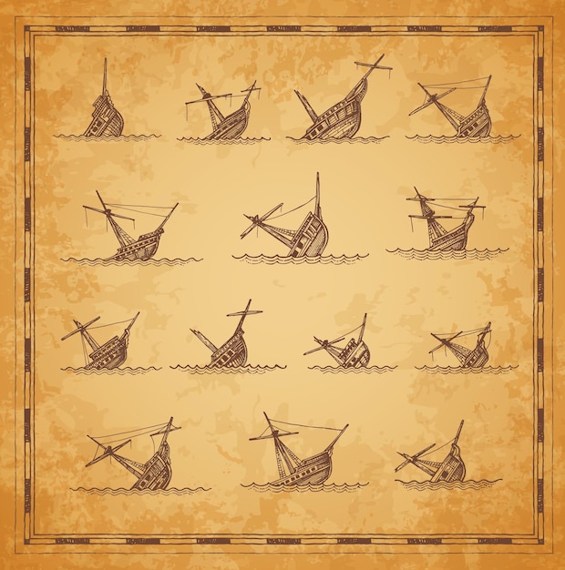 Vector sunken sailing ships sketches vintage map elements