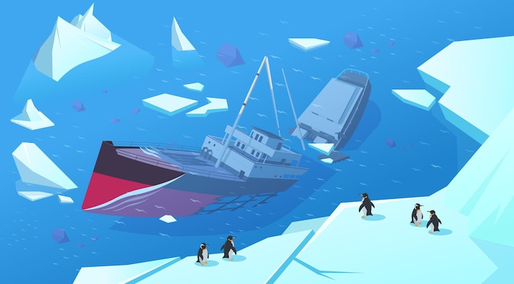 Vector sunken ship near icebergs with penguins on an iceberg vector illustration