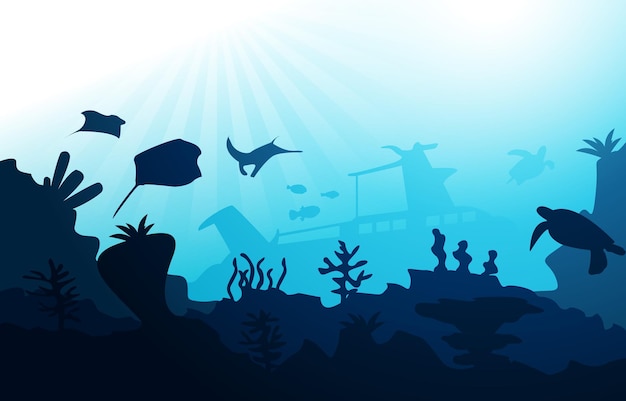 Vector sunken ship wildlife sea animals ocean underwater aquatic illustration