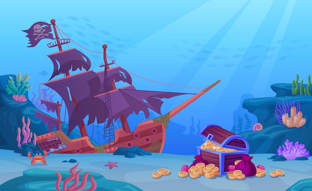 침몰한 보물: 해적 보물을 가진 침몰한 배, 바다 바닥에 있는 상자, 산호의 해저 생활, 해저 어드벤처 게임, 만화 배경, 기발한 터 일러스트레이션
