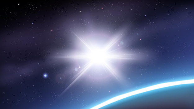 ベクトル 太陽の光は、惑星、宇宙の背景の上から表示されます。ワイドスクリーンのベクトル図