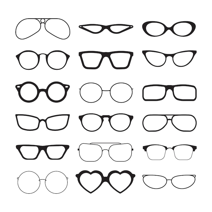 Vector sunlight glasses. fashioned glasses black plastic frames retro models sun protection cool eye vision vector silhouettes. illustration protection vision fashioned, plastic frame eyeglasses