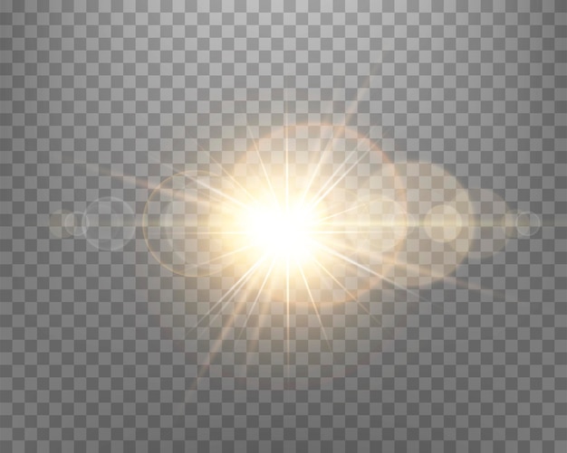 Вспышка линзы солнечного света, вспышка солнца с лучами и прожектором. золотой светящийся взрыв взрыв на прозрачном фоне. векторная иллюстрация.