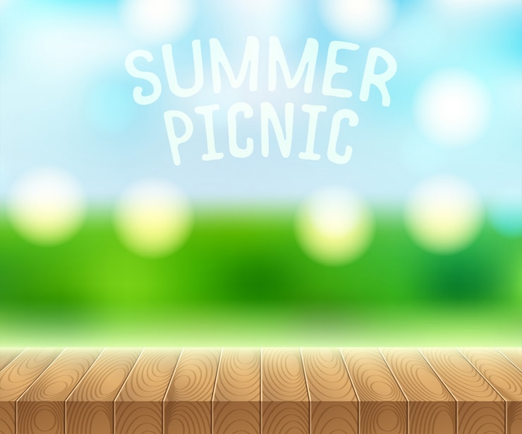 Vector sunlight on summer sky with wooden picnic table
