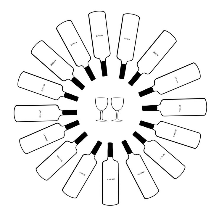 Vector sunlit bottle arrangement with wine glasses in a circular pattern