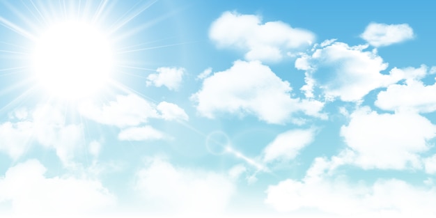 日当たりの良い背景、白い雲と太陽と青い空。図。