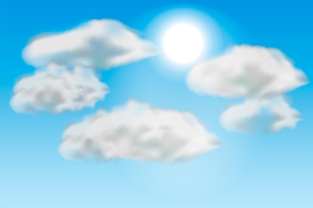 Солнечный фон голубое небо с белыми облаками и солнцем Векторная иллюстрация