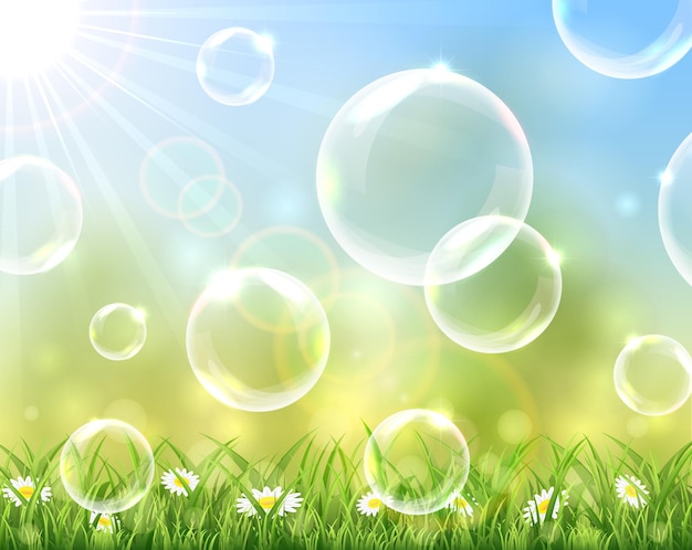 Sunny background with bubbles above the grass illustration