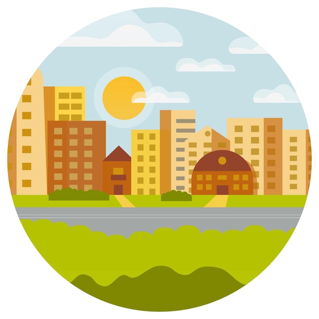 Vector sunny city in flat style round landscape isolated on a white background