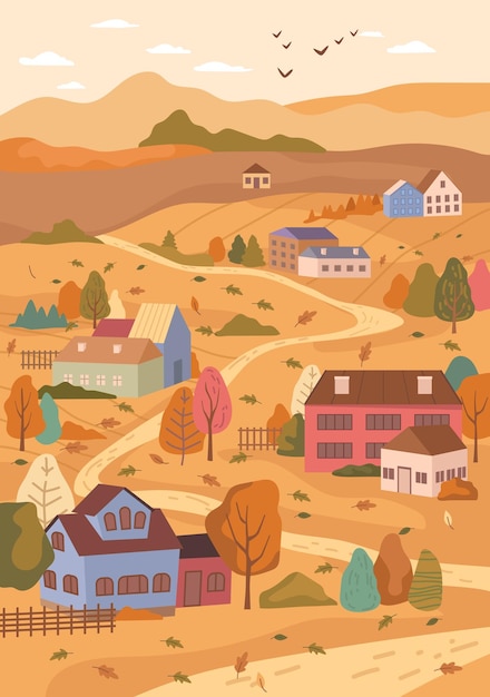 Vector sunny day in autumn village road and houses