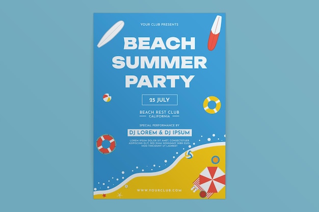 Un volantino per una festa estiva sulla spiaggia di una giornata di sole o un vettore di sfondo per l'illustrazione del design piatto di un poster sulla parte superiore