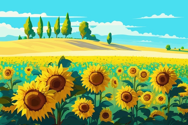 A sunny day and a field with sunflowers Colorful summer Vector illustration desing