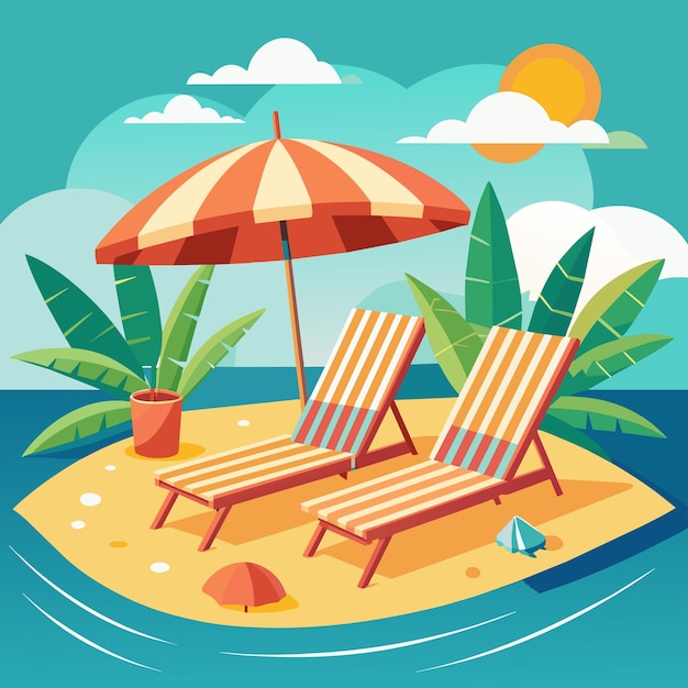 Sunny day illustration of beach chairs and an umbrella