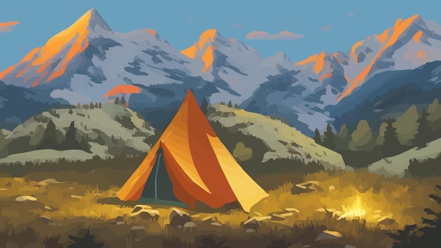 Illustrazione del paesaggio di un giorno di sole in stile piatto con una tenda, un fuoco di campo, montagne, foresta, striscia d'acqua