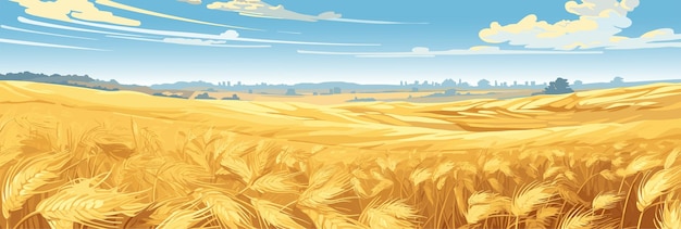 Sunny day rural countryside landscape with wheat fields panorama vector illustration agriculture