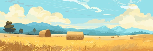 Sunny day rural countryside landscape with wheat fields panorama vector illustration agriculture