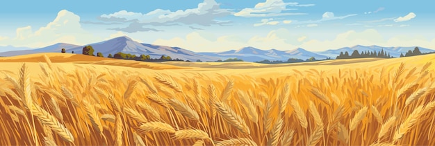 Sunny day rural countryside landscape with wheat fields panorama vector illustration agriculture