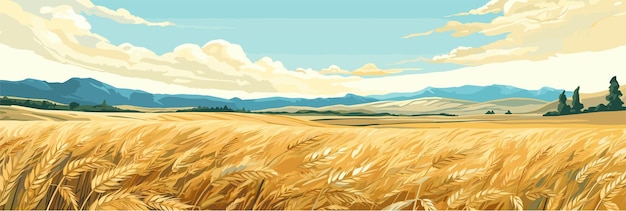 Sunny day rural countryside landscape with wheat fields panorama vector illustration agriculture