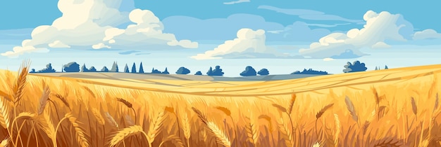 Paesaggio rurale soleggiato con campi di grano panorama illustrazione vettoriale agricoltura