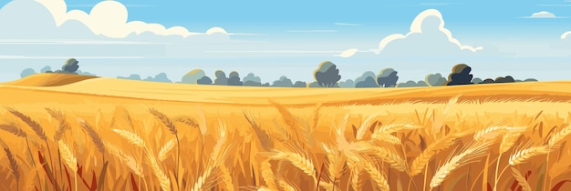 Vector sunny day rural countryside landscape with wheat fields panorama vector illustration agriculture