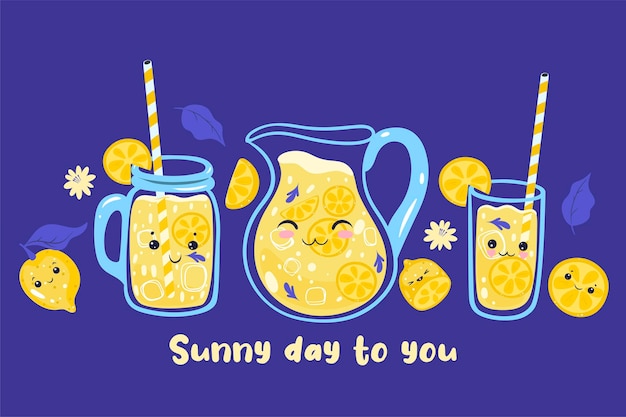 Sunny day to you postcard with kawaii lemonade