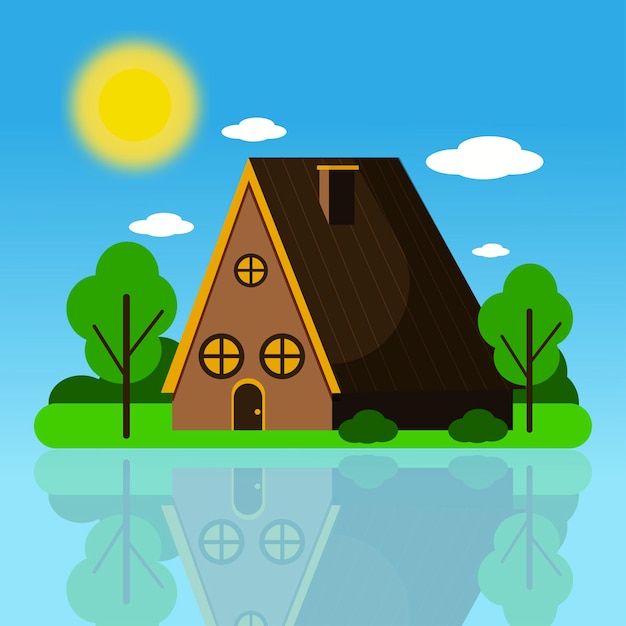 Vector sunny landscape landscape with house