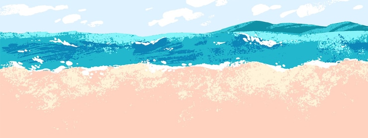 Vector 晴れた夏の風景 海風景 背景 泡の青い海 抽象的な砂浜 波の青い水 質感のある海岸 背景の平らなベクトルイラスト