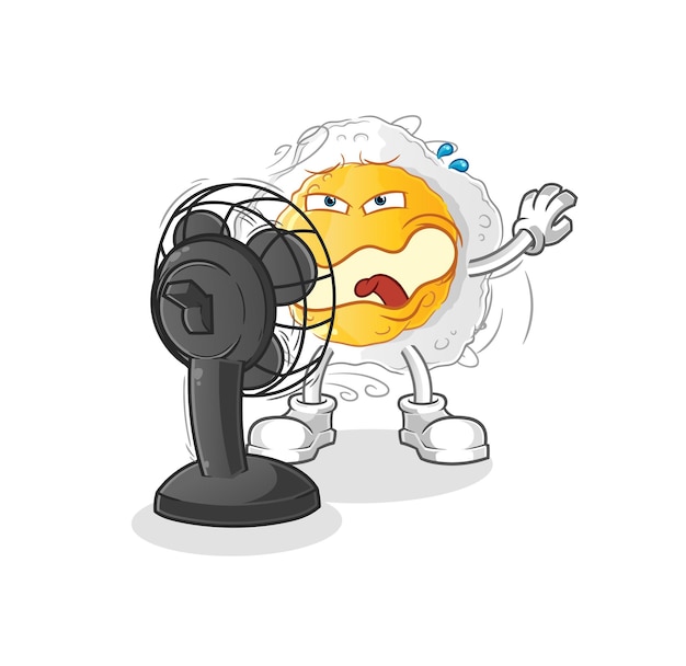 Sunny side up in front of the fan character. cartoon mascot vector