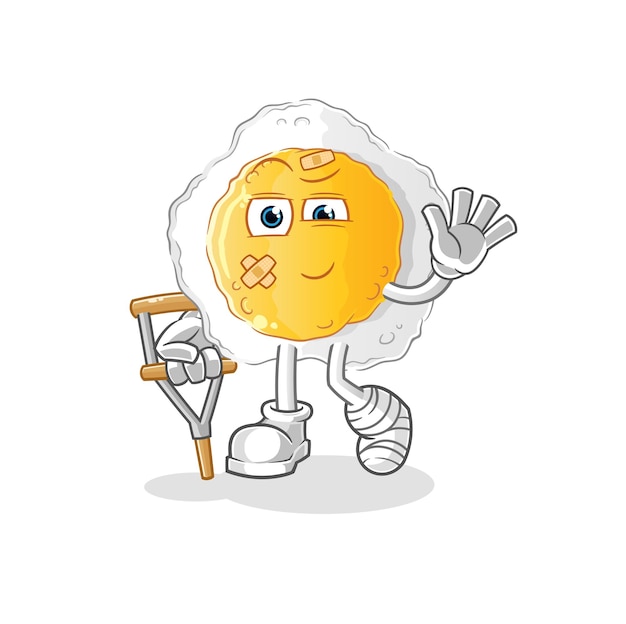 sunny side up sick with limping stick. cartoon mascot vector