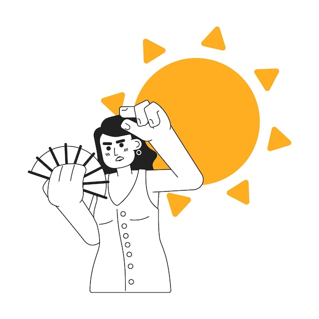 Sunny summer exhaustion monochrome concept vector spot illustration donna europea che si raffredda con il ventilatore a mano 2d flat bw personaggio di cartone animato per il design dell'interfaccia utente web immagine di eroe disegnata a mano isolata edibile