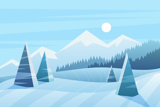 Sunny winter day  illustration. Scenic view with spruces and mountains.