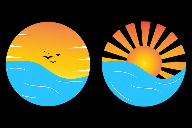 Vector sunrays ocean retro sunset clipart