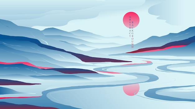 Vector sunrise over an abstract mountain landscape in an abstract oriental style