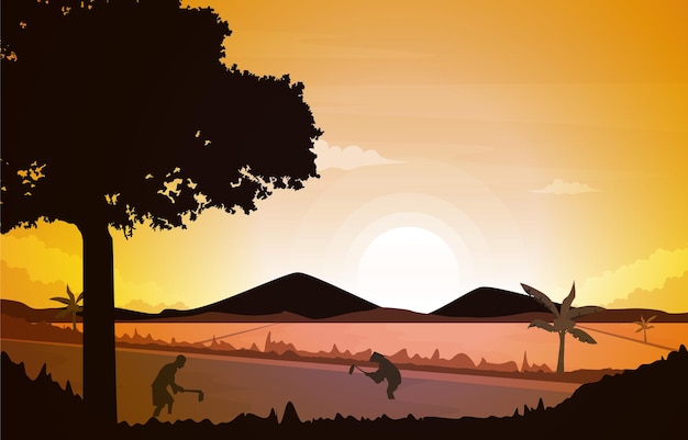 Vector sunrise asian farmer paddy rice field agriculture nature illustration