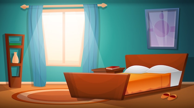 Sunrise in the cartoon bedroom, vector illustration