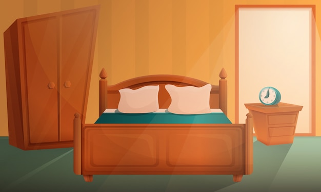 Vector sunrise in the cartoon bedroom, vector illustration