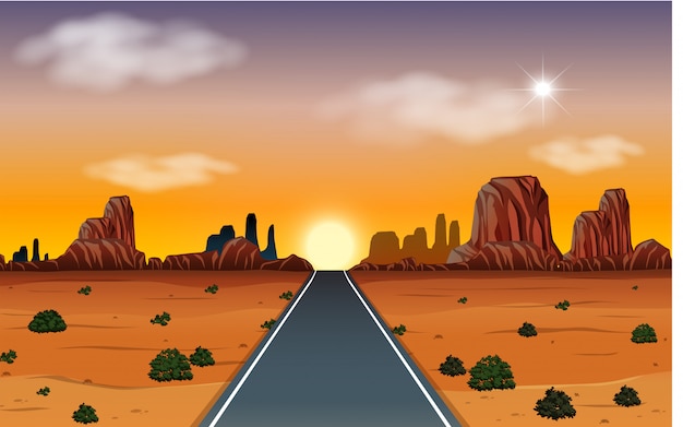 Sunrise in desert with road scene