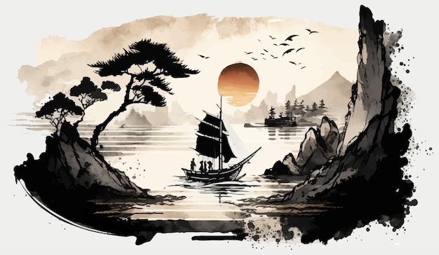 Sunrise kustlandschap hand getekend met inkt in traditionele oosterse minimalistische Japanse stijl vectorillustratie