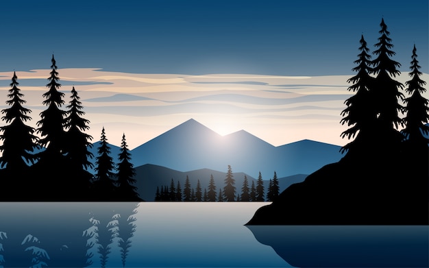 Sunrise over lake with mountain