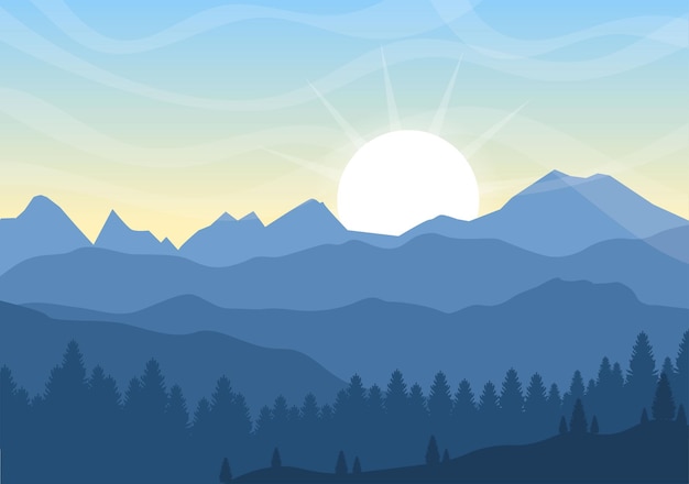 Sunrise landscape of morning scene mountains, hill, lake and valley in flat nature for poster, banner or background illustration