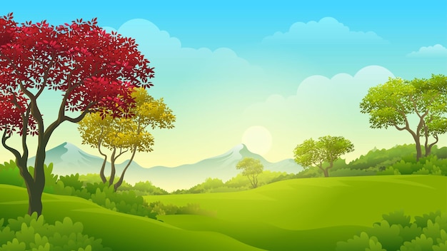 緑豊かな緑の野原のベクトル図と日の出の風景